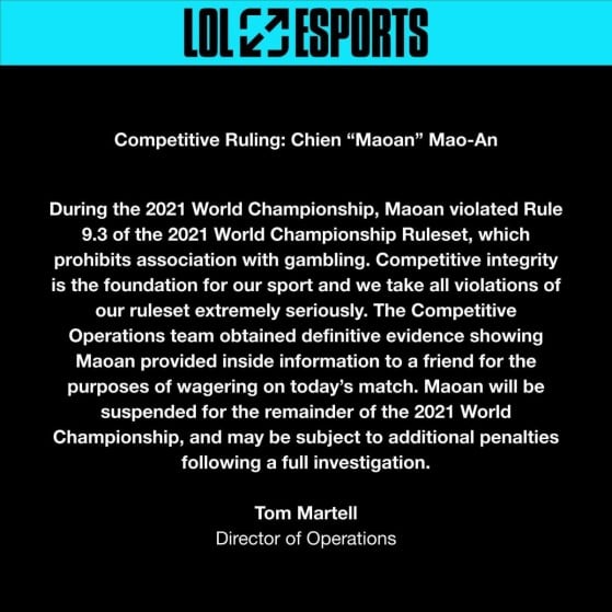 Atendiendo al punto 9.3 del reglamento, Maoan ha sido expulsado con efecto inmediato - League of Legends