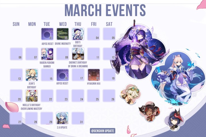 Genshin Impact: El calendario de eventos de marzo con todo lo que