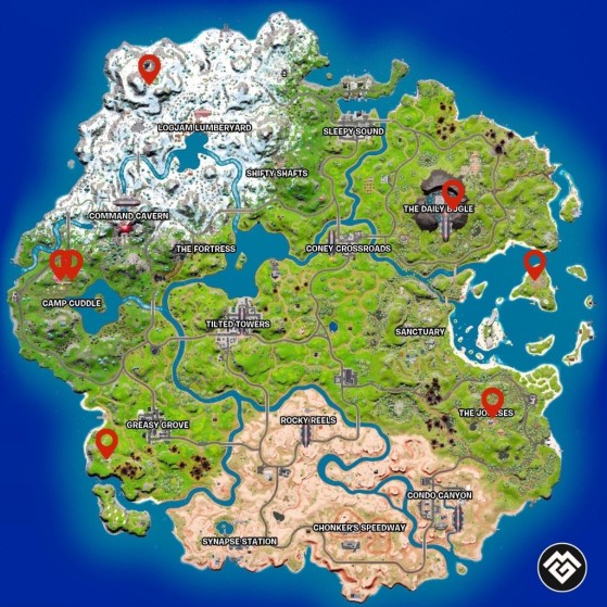 Estas  son las ubicaciones para conseguir armas exóticas marcadas en el mapa - Fortnite : Battle royale