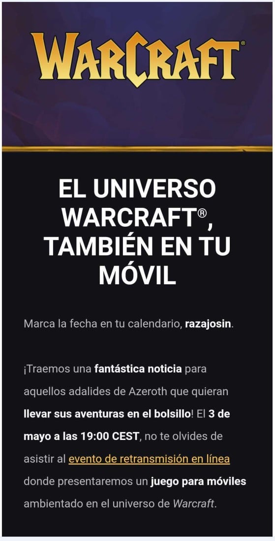 Anuncio en correo de Warcraft para móviles. - World of Warcraft