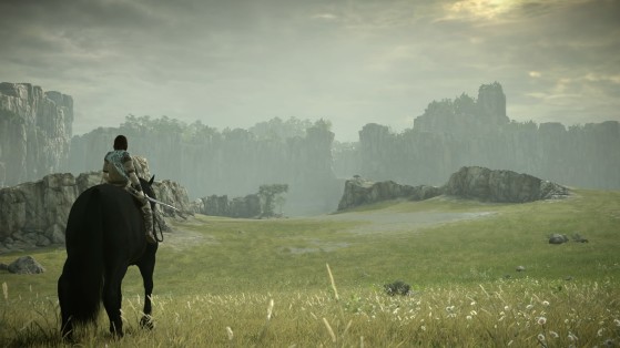 Shadow of the Colossus, un personaje a caballo en un campo abierto. - Elden Ring
