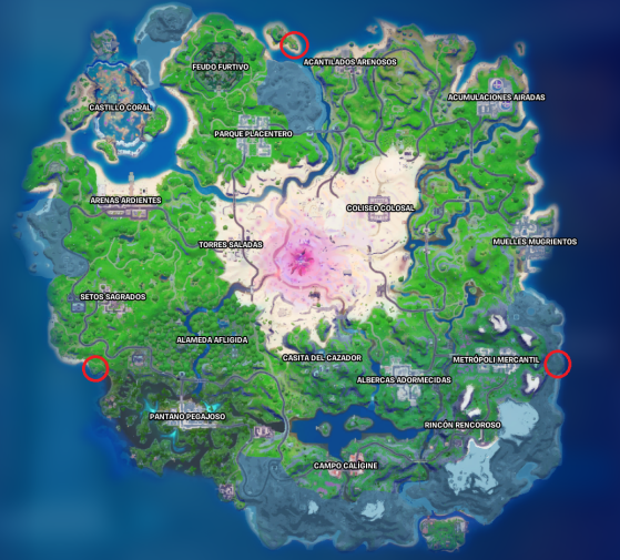 Mapa con la ubicación de los 3 bunkers. - Fortnite : Battle royale
