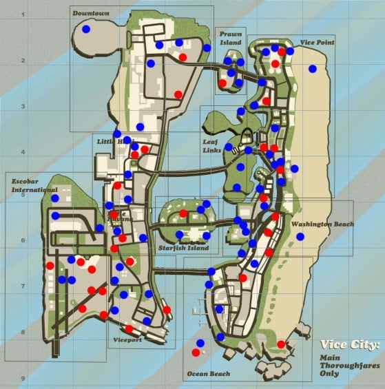 Puntos azules = paquetes escondidos en el suelo. Puntos rojos = paquetes ocultos en altura. - GTA Vice City