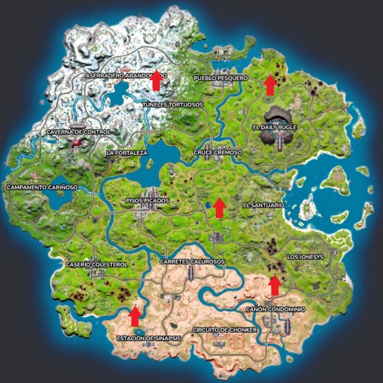 Aquí están todos los Puestos de Avanzada situados en el mapa. - Fortnite : Battle royale